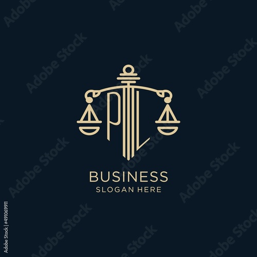 Initial PL logo with shield and scales of justice, luxury and modern law firm logo design