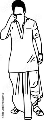 line art illustration of indian Stylist man wearing traditional Indian dress Dhoti kurta, Illustration of indian stylist man
