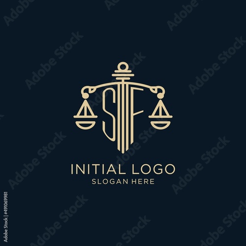 Initial SF logo with shield and scales of justice, luxury and modern law firm logo design