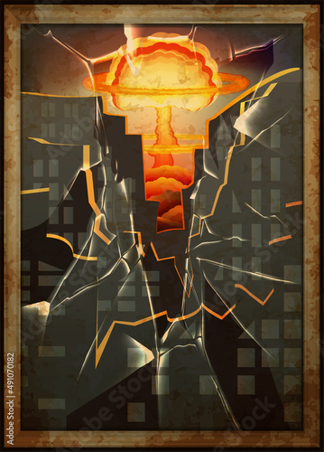 No War, Stop War wallpaper with nuclear explosion, ruined city and broken window. vector illustration