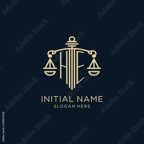 Initial HE logo with shield and scales of justice, luxury and modern law firm logo design