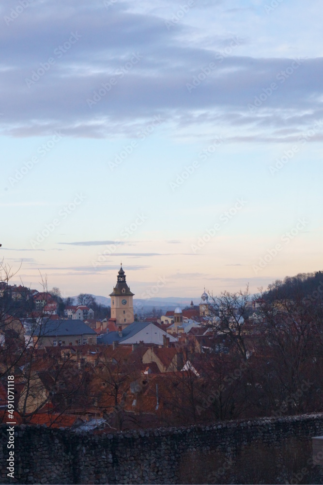 Panorama of Brasov in the twilight light, Transylvania, Romania