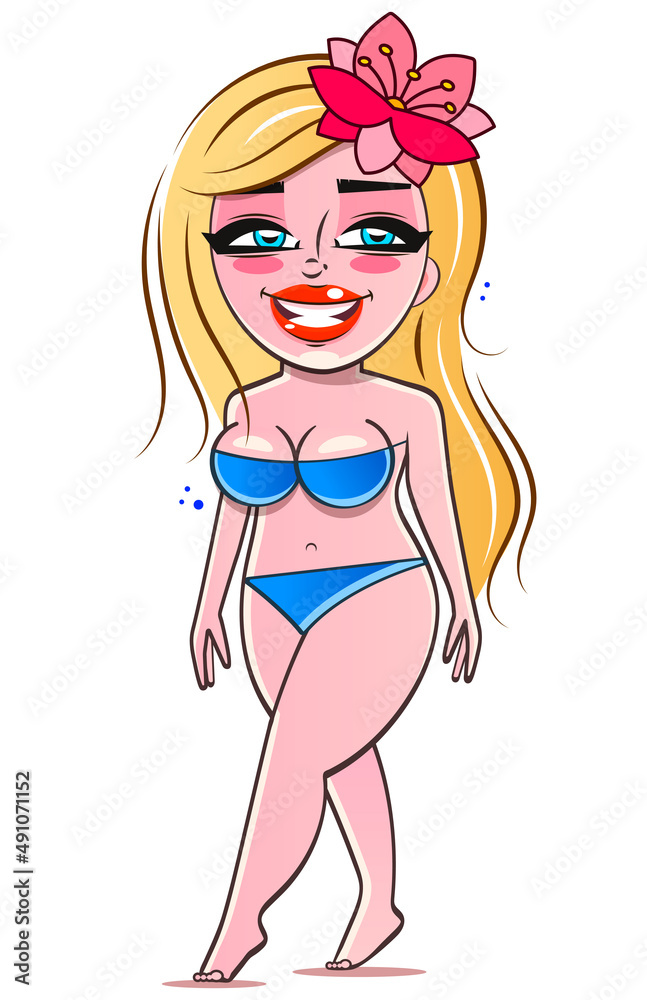 Plus size woman in bikini, body positive lady in blue dotted swimsuit isolated, flat cartoon. Vector full plus size girl, overweight smiling girl, fashion model. Pretty female in summer Plus size woman in bikini, body positive lady in blue dotted swimsuit isolated, flat cartoon. Vector full plus size girl, overweight smiling girl, fashion model. Pretty female in summer