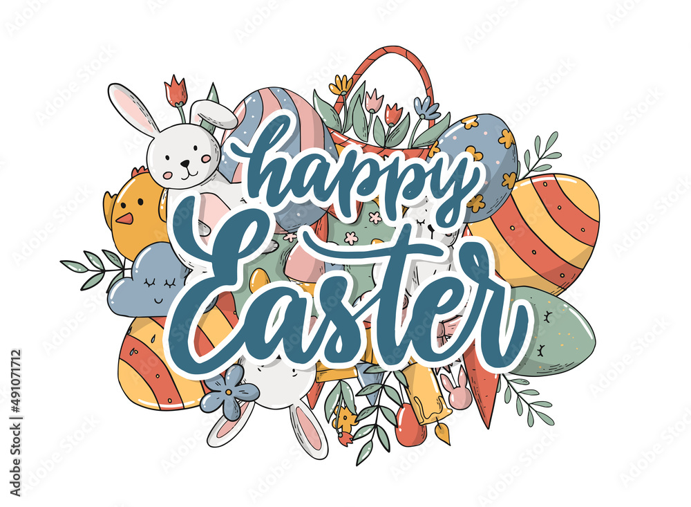 Happy Easter lettering quote decorated with doodles for greeting cards, posters, prints, stickers, banners, invitations, etc. EPS 10