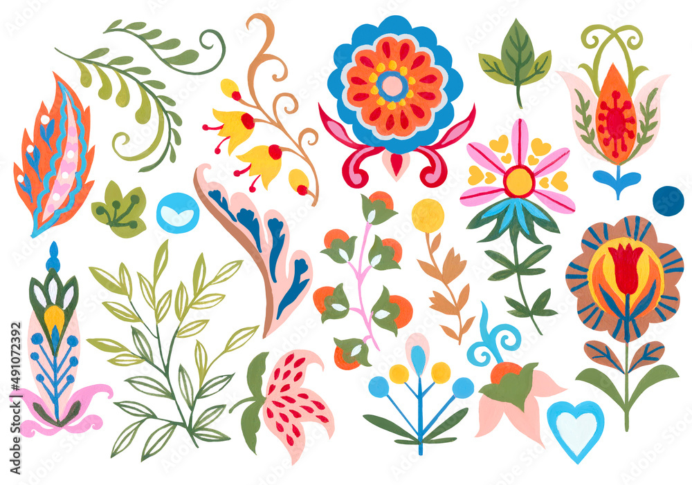 Traditional Folk set botanical colorful illustration branch leaf and  flowers abstract Scandinavian style element