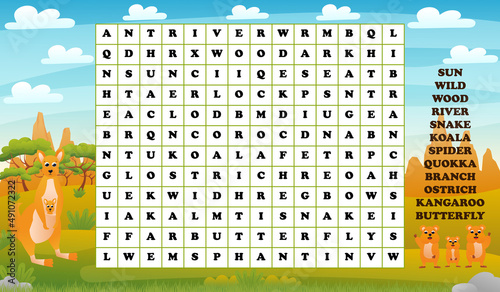 Words search puzzle for kids with australian animals - kangaroo and quokka, printable worksheet