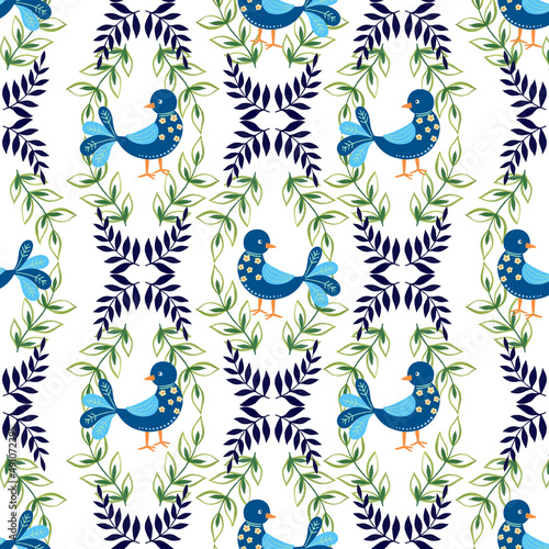 Scandinavian folk style animal and flowers seamless repeat pattern traditional folk art ornaments  sweden nordic style bird and foliage leaf