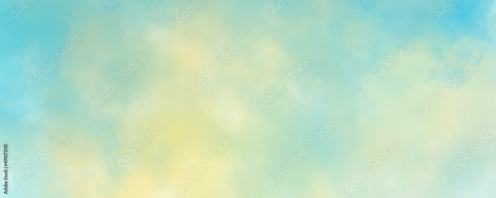 Pastel blue and yellow abstract cloudy sky watercolor background texture with soft spring colors