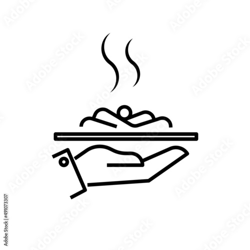 Offering food icon. Waiter's hand with serving tray. waiter service. Symbol isolated on white background. vector illustration
