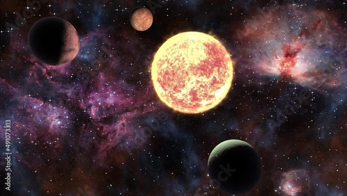 Space journey slowly flying through universe among planets galaxies stars and nebulae