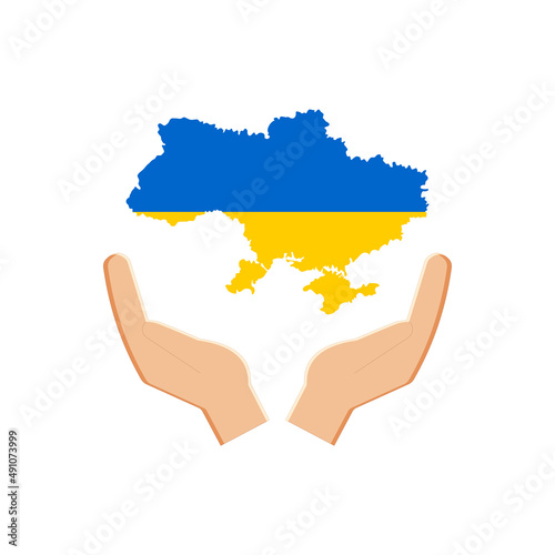 A map of Ukraine with the yellow and blue colors of the national flag in the hands of people who protect their native country from the aggressor and believe in victory. 