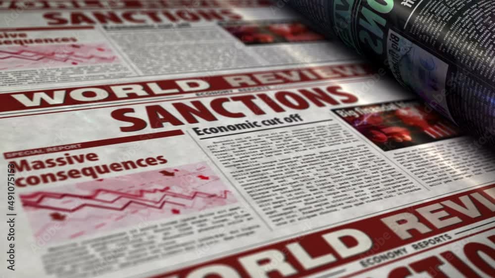 Sanctions, economy blockade, politics and embargo news daily newspaper report roll printing. Abstract concept 3d rendering seamless looped animation.