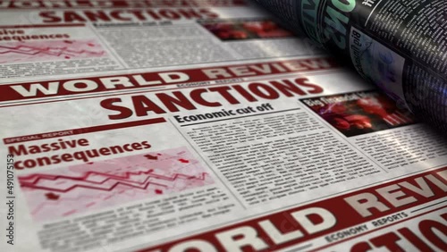 Sanctions, economy blockade, politics and embargo news daily newspaper report roll printing. Abstract concept 3d rendering seamless looped animation.