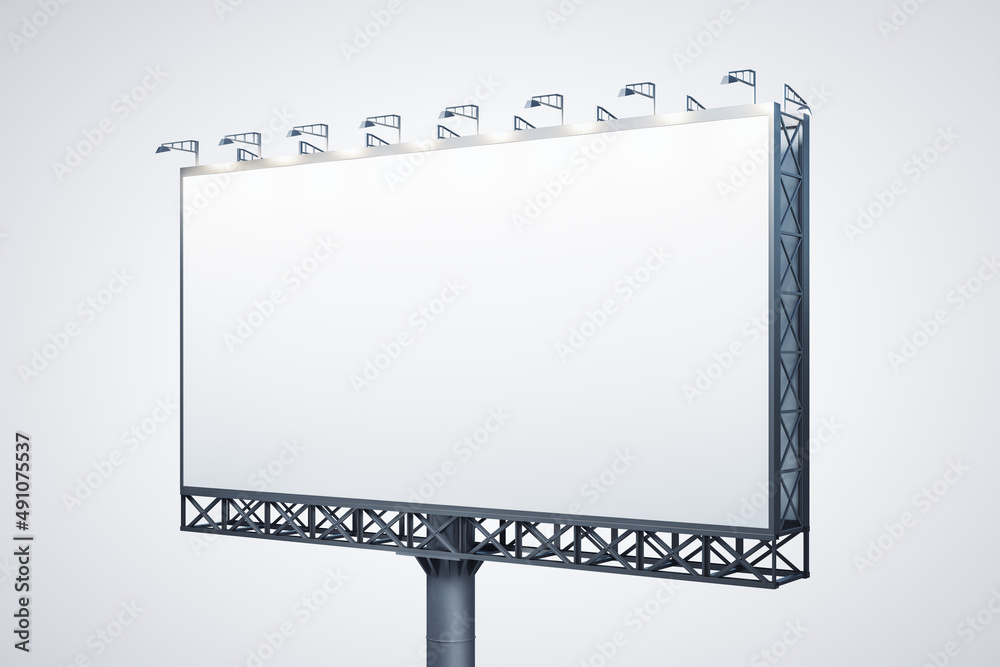 Obraz premium Blank white billboard isolated on light background, perspective view. Mockup, 3D Rendering