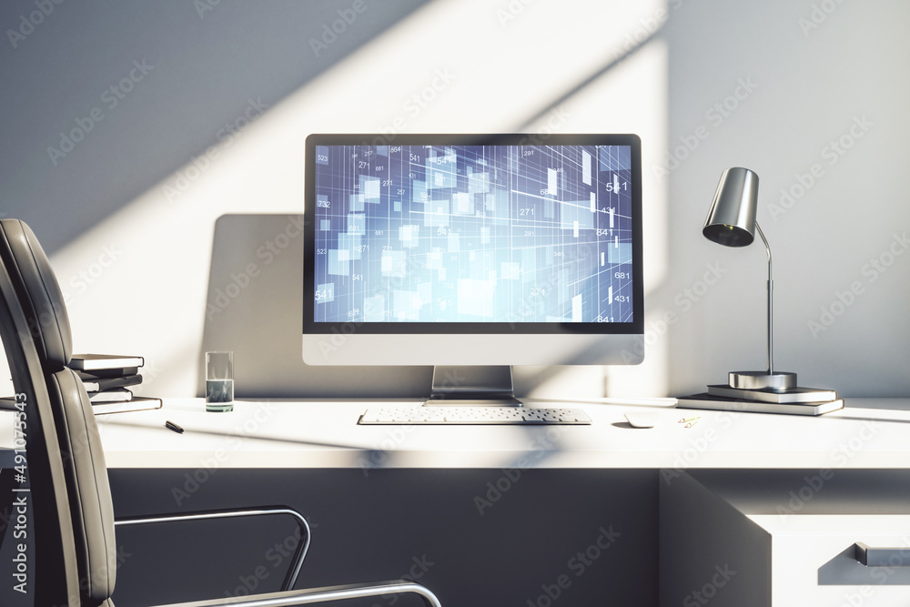 Modern computer monitor with abstract creative statistics data hologram, statistics and analytics concept. 3D Rendering Modern computer monitor with abstract creative statistics data hologram, statistics and analytics concept. 3D Rendering