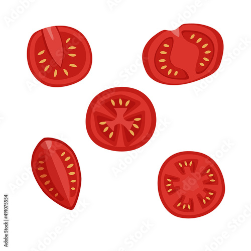 Collection set of cut red tomatoes. Half tomatoes illustration
