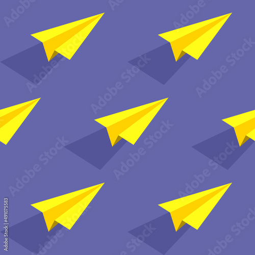 Seamless Creative Pattern  Yellow Origami airplane on blue background.