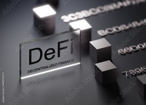 DeFi decentralized Finance text on glass blockchain technology	 photo