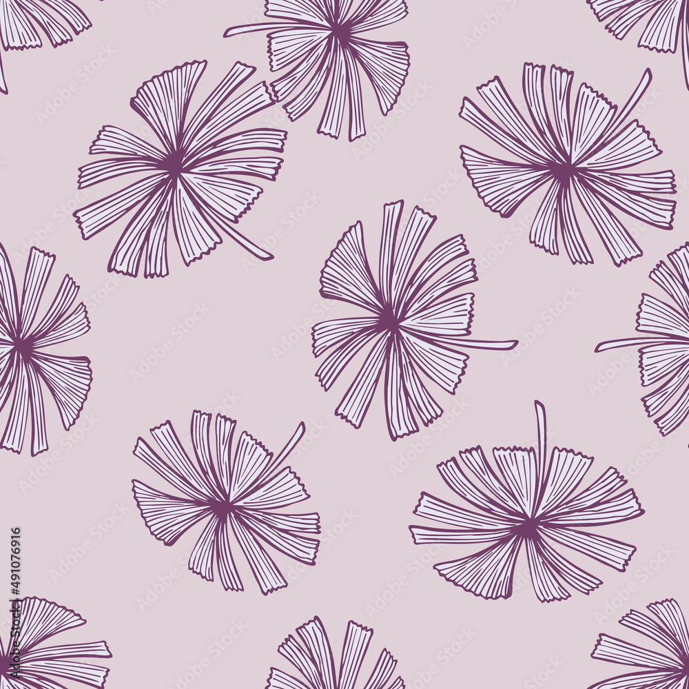 Fan palm leaves seamless pattern on. Vintage foliage of palmetto in engraving style.