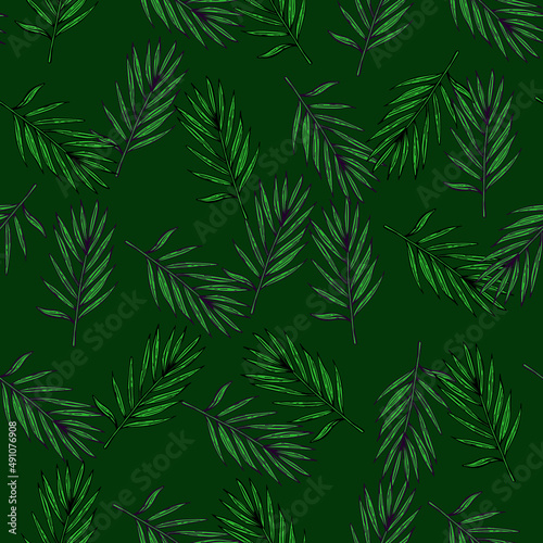 Palm leaves seamless pattern. Tropical branch in engraving style.