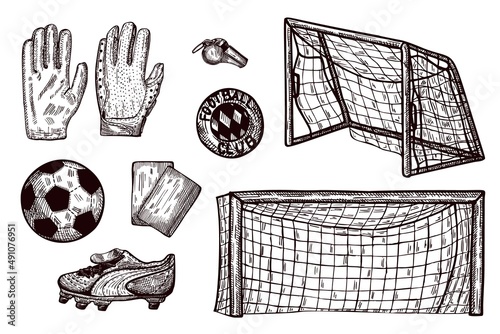 Set Football elements sketch isolated. Vintage element of football team in hand drawn style.