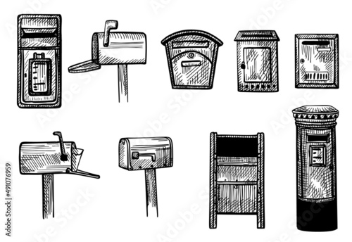 Set mailboxes sketched isolated. Vintage letterboxes in hand drawn style. photo