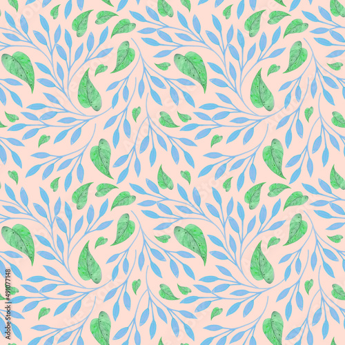 Watercolor seamless pattern with gentle decorative plants and leaves.
