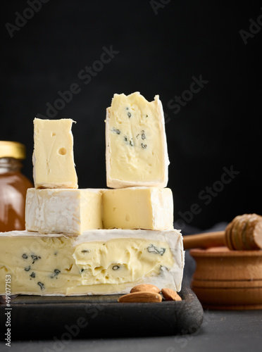 brie and bergader blue cheese on a brown wooden board, delicious snack photo