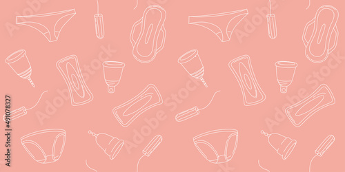 Women menstruation periods seamless pattern underpants, pads, tampons, menstrual cup