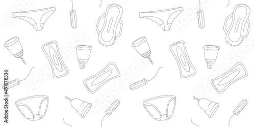 Women menstruation periods seamless pattern underpants, pads, tampons, menstrual cup