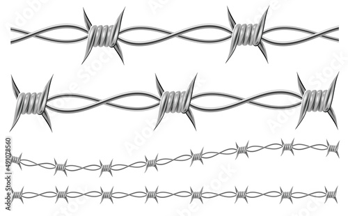 Collection of vector iron barbed wires. Sharp wire with highlights and shadows isolated on white background