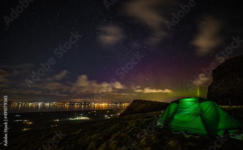 The Northern Lights at Binevenagh wild camping, AONB, Causeway coast and glens, County Londonderry, Northern Ireland photo