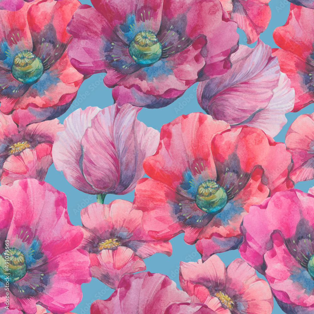 custom made wallpaper toronto digitalWatercolor poppies, seamless botanical pattern for design. bright red flowers. Abstract floral background.