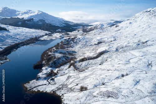 Loch Dochart aerial view showing fallen snow during winter
