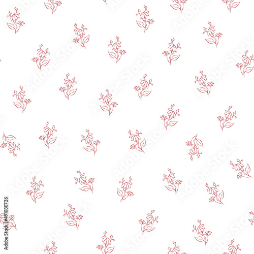 Vector red illustration. Floral seamless pattern. Bouquet of wild flowers. Hand drawn flower field. Simple flowers. Flowering heads of field chamomile. Outline drawing.