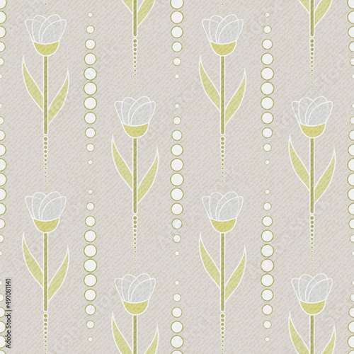 Seamless repeat pattern. Simple, floral, botanical flowers and leaves in neutral, muted and calming shades of creme, off white and green. 
