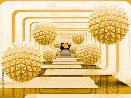 Fototapeta Naklejka Na Ścianę i Meble -  3d image of a yellow tunnel with balls flying out of it