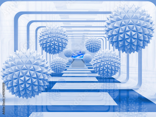 Fototapeta Naklejka Na Ścianę i Meble -  3d image of a blue tunnel with balls flying out of it