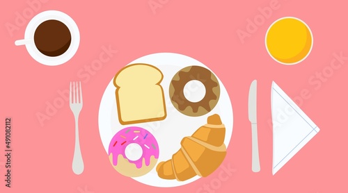 Breakfast illustration with donuts, croissant, bread, coffee, and juice. Vector editable flat illustration