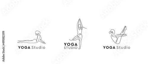 Yoga Studio Logo set. One line sign. Pilates centre logotype. Vector symbol asana.
