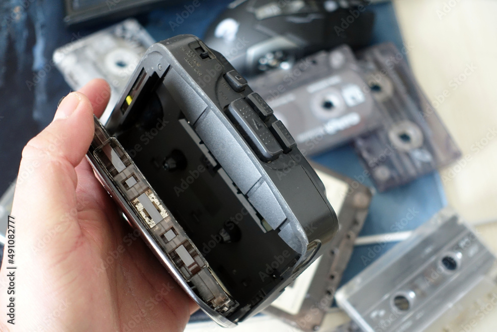 Obraz premium Indispensable classic cassette player of the 90s, Walkman, cassette player that is no longer used,