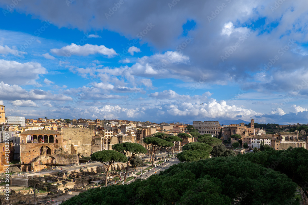 Rome, Italy: View of ancient Trajan forum and Colosseum from the Memorial of Victor Emmanuel II