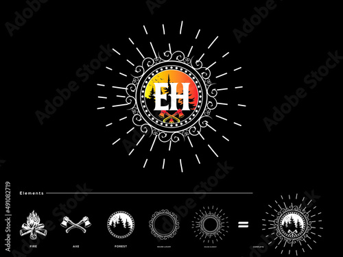 Forest EH Logo Design, Vintage eh Logo Letter Vector icon for forest summer fireplace mountains tree wood axe company