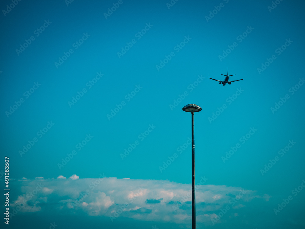 The plane lands at the airport on the coast