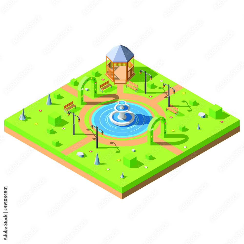 Isometric 3D Green Park Trees Pond Fountain Alcove Vector Design Style