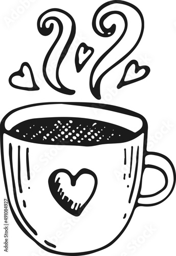 Hand-drawn cup of tea with hearts, decorative isolated illustration
