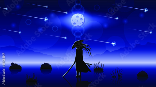 Abstract Background Ninja Warrior Moon Falling Stars Person Night Silhouette Bushes People Vector Design Style