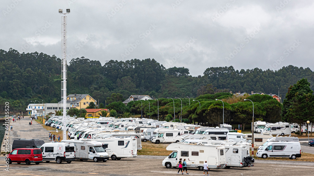 Caravans along the Foz estuary in the village of Foz, caravan life concept