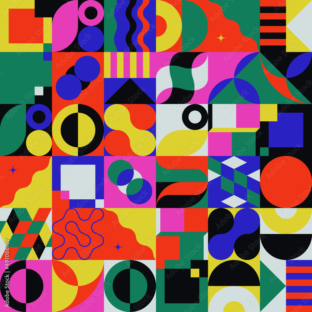 Neon Colored Abstract Pattern Graphics Made With Vector Geometric Shapes And Elements