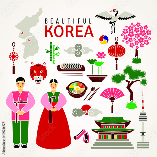 Korean cultural symbols. Set of flat icons. Travel concept. Traditional cuisine and clothes, nature and landmarks. Isolated elements on white background. Vector illustration